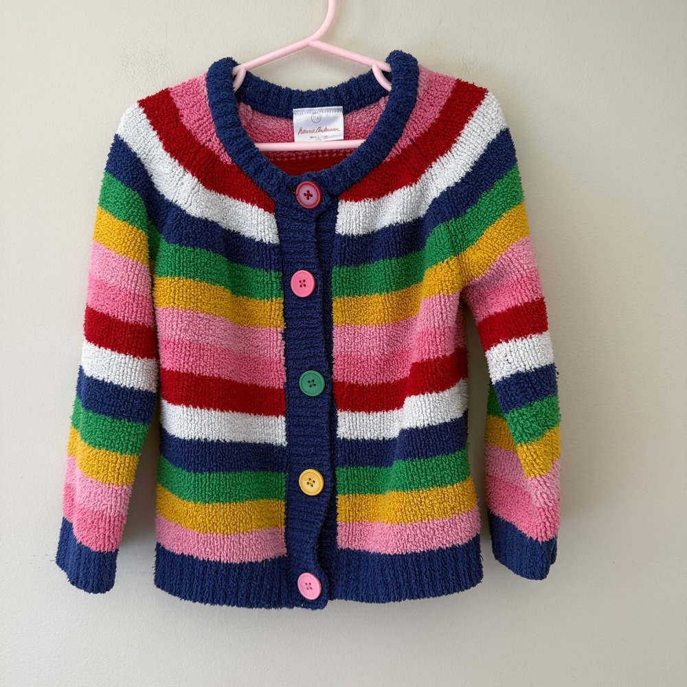 Hanna Andersson Rainbow Stripe Sherpa Cardigan Sweater Kids Size 100 Multi-Color